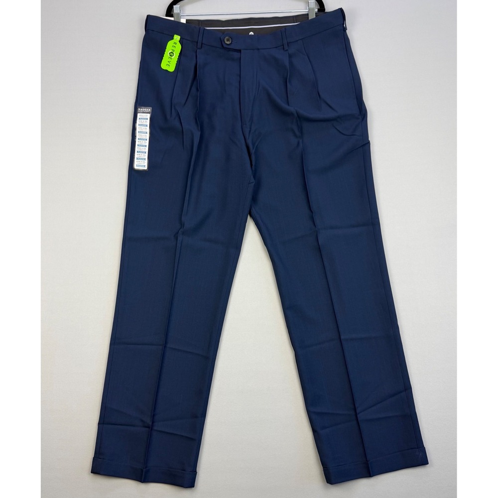 NWT Haggar E-Clo Dress Pants Blue 40x32 Pleated Cuffed Classic Fit Expandable